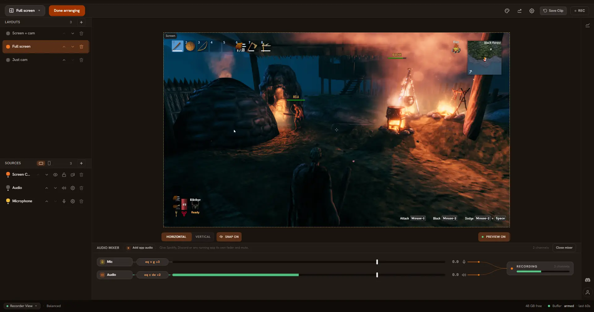 The recorder layout editor: the game preview on the canvas with the screen source selected, a Layouts list and a Sources list on the left, and Done arranging in the top bar