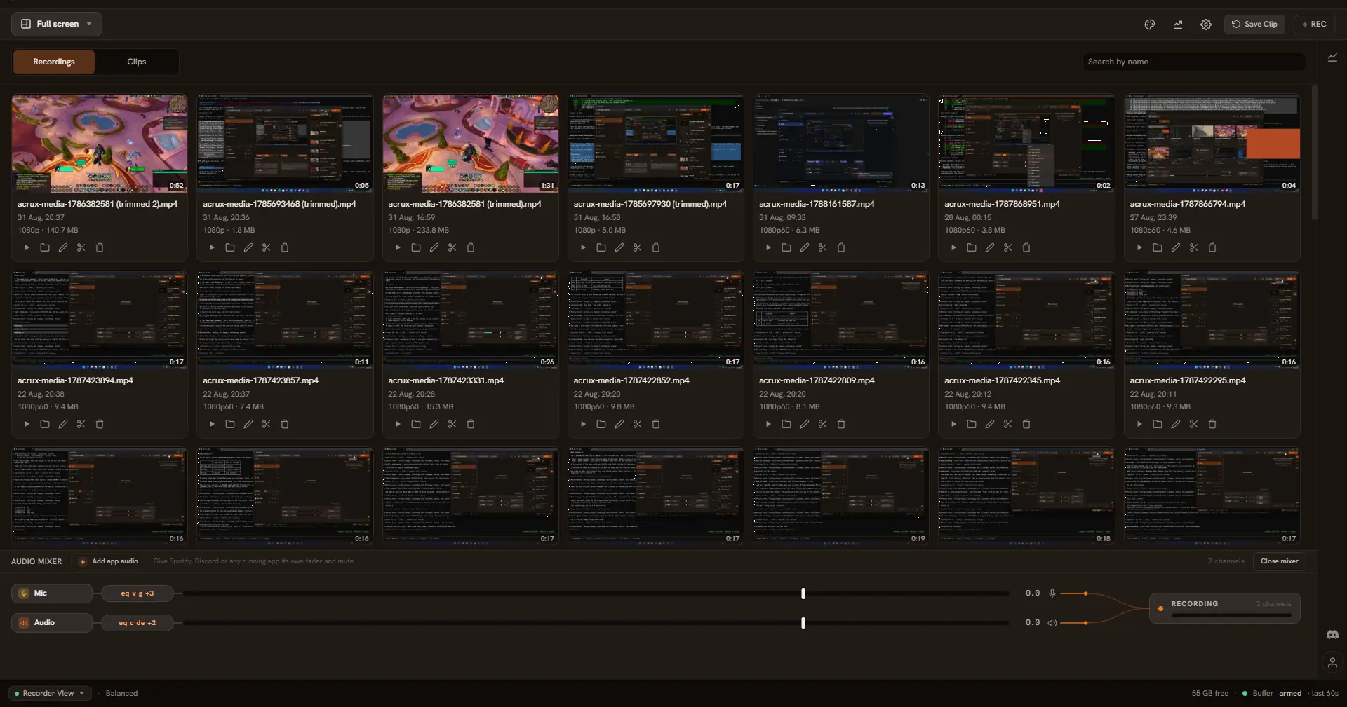 The Acrux recorder workspace: the recordings library fills the window as a grid of thumbnails, the replay buffer chip in the status bar reads armed, and Record and Save Clip sit in the top bar