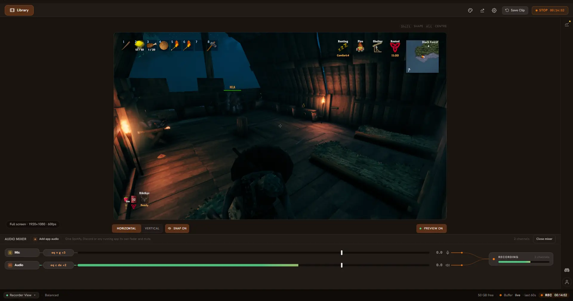 A recording in progress: the game preview fills the stage with a REC badge and timecode, the buffer chip reads live, and the library is one click away