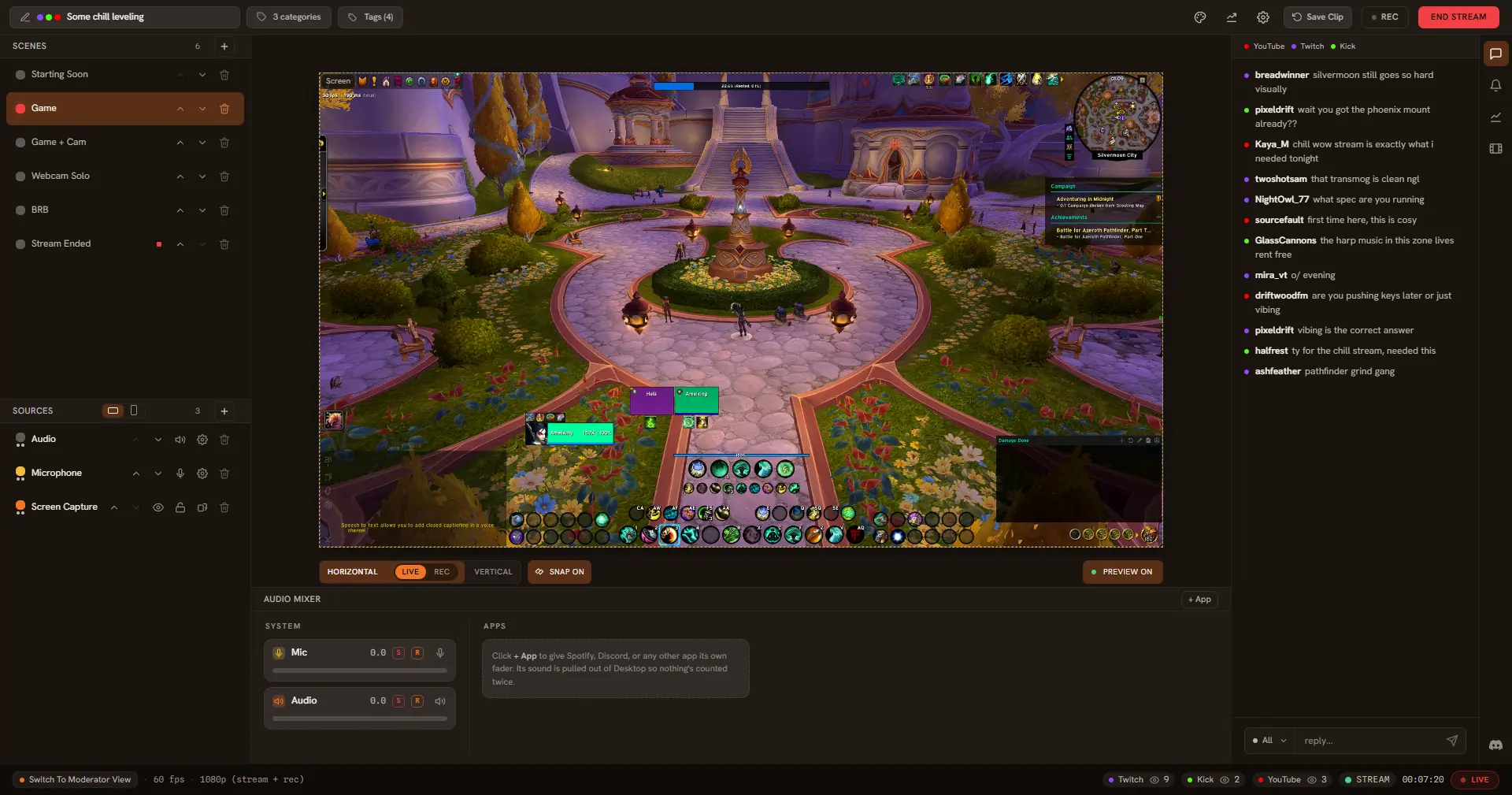 The Acrux Studio window while live: scenes and sources on the left, a World of Warcraft preview in the centre, the audio mixer below, and Twitch, YouTube, and Kick chat merged in one panel on the right
